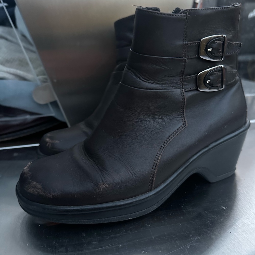 Women's Dark Brown Leather Ankle Boots with Buckle. Dansko
